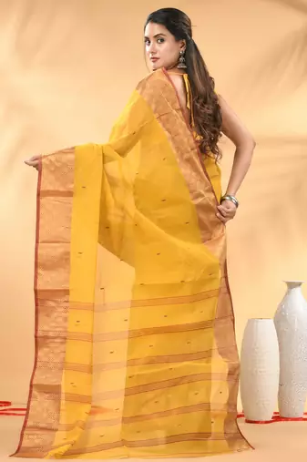 Yellow tant pure cotton saree with zari border