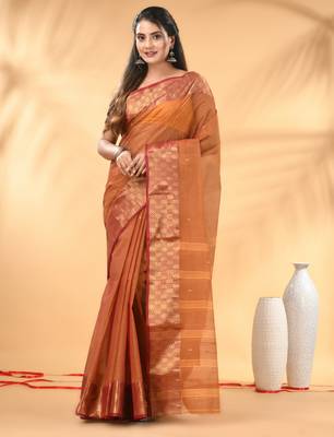 Brown tant pure cotton saree with zari border 1