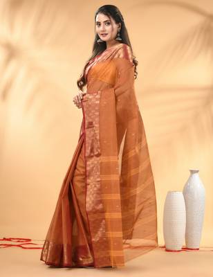 Brown tant pure cotton saree with zari border 2