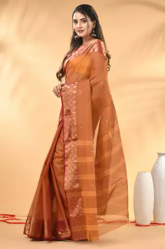 Brown tant pure cotton saree with zari border