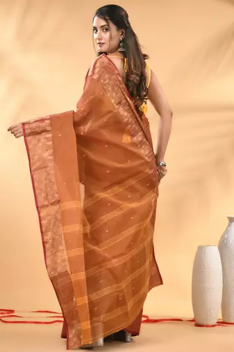 Brown tant pure cotton saree with zari border