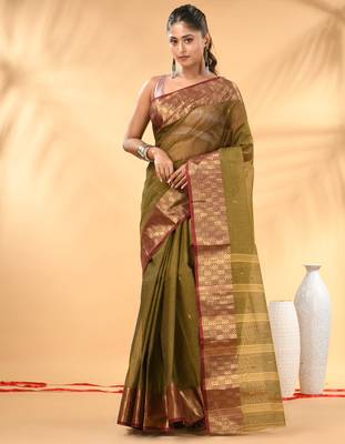 Olive green tant pure cotton saree with zari border 1