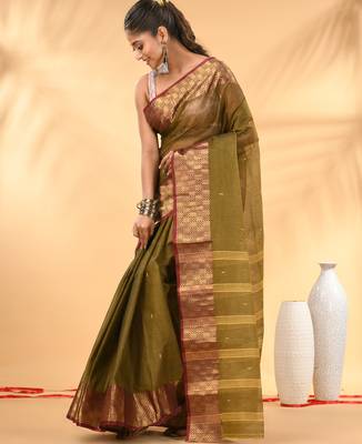 Olive green tant pure cotton saree with zari border 2