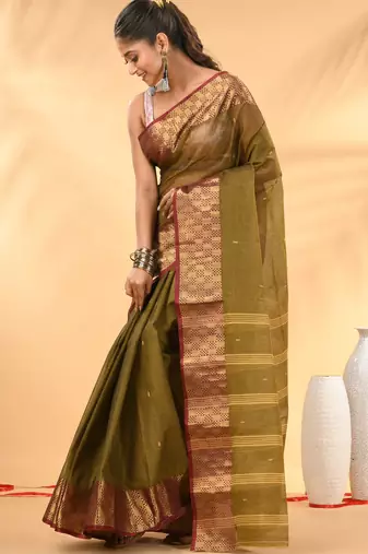 Olive green tant pure cotton saree with zari border