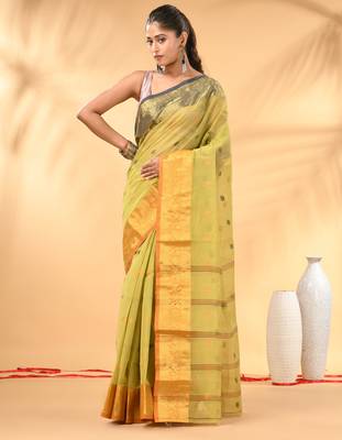 Pastel green tant pure cotton saree with contrasting zari border 1