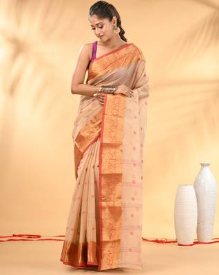 Beige tant pure cotton saree with zari border 1