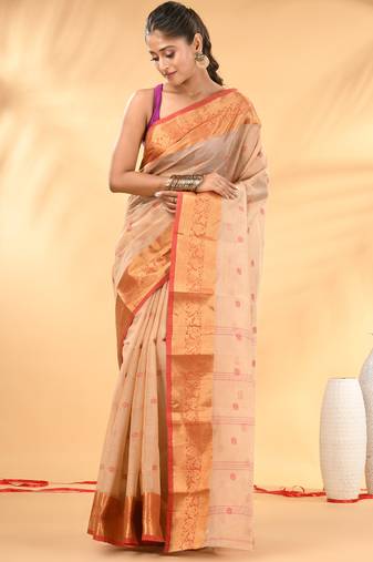 Beige tant pure cotton saree with zari border