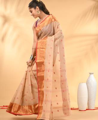 Beige tant pure cotton saree with zari border 2