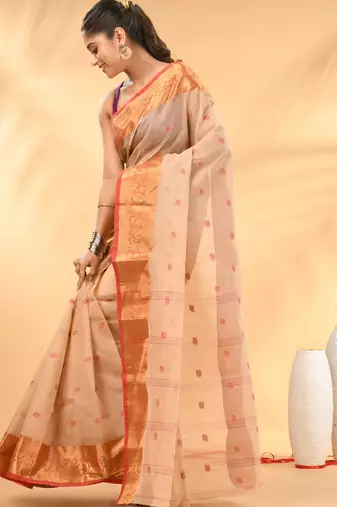 Beige tant pure cotton saree with zari border