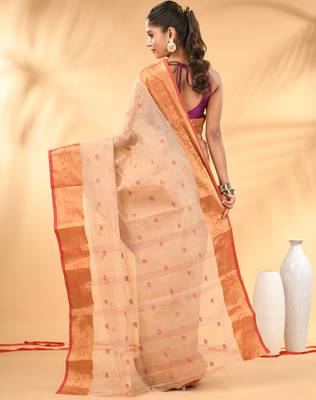 Beige tant pure cotton saree with zari border 3