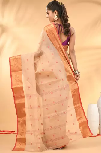 Beige tant pure cotton saree with zari border