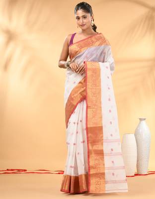 White tant pure cotton saree with zari border 1