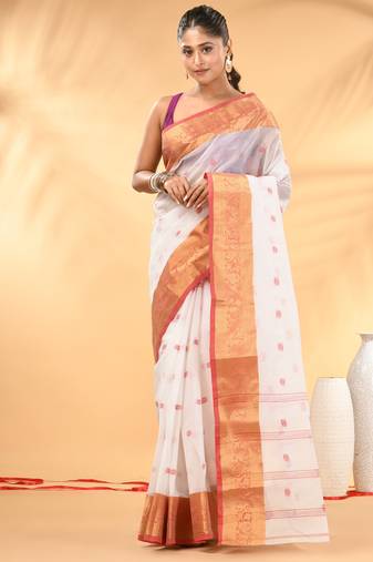 White tant pure cotton saree with zari border