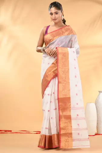 White tant pure cotton saree with zari border