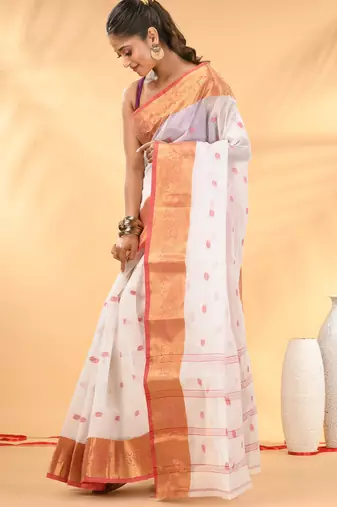 White tant pure cotton saree with zari border