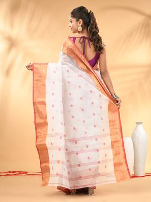 White tant pure cotton saree with zari border 3
