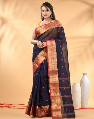 Navy blue tant pure cotton saree with zari border 1