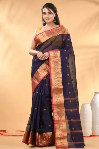 Navy blue tant pure cotton saree with zari border