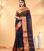 Navy blue tant pure cotton saree with zari border