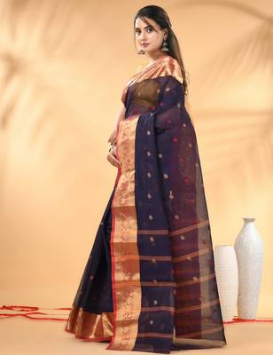 Navy blue tant pure cotton saree with zari border 2