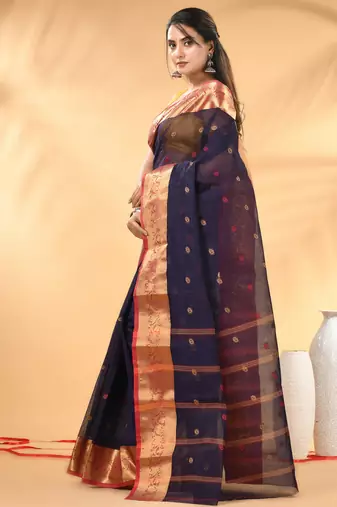 Navy blue tant pure cotton saree with zari border