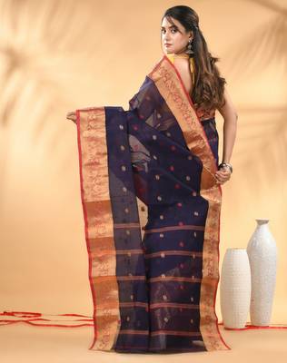 Navy blue tant pure cotton saree with zari border 3