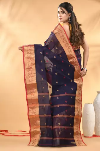 Navy blue tant pure cotton saree with zari border