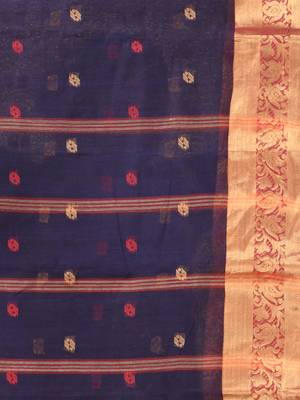 Navy blue tant pure cotton saree with zari border 4