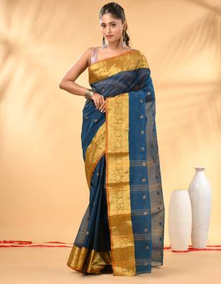 Sapphire blue tant pure cotton saree with rich golden zari border & pallu 1