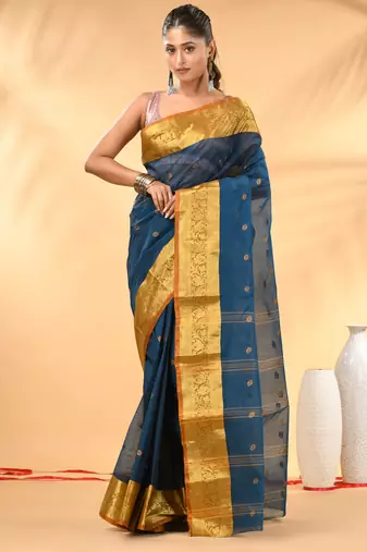 Sapphire blue tant pure cotton saree with rich golden zari border & pallu