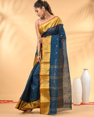 Sapphire blue tant pure cotton saree with rich golden zari border & pallu 2