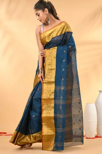 Sapphire blue tant pure cotton saree with rich golden zari border & pallu
