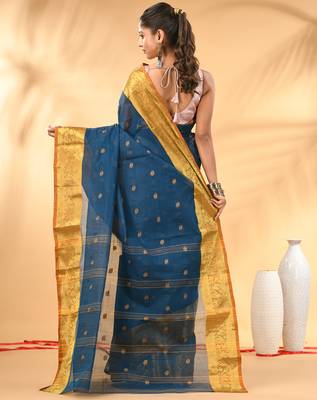 Sapphire blue tant pure cotton saree with rich golden zari border & pallu 3