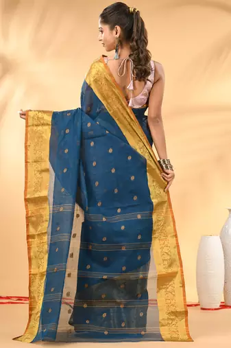 Sapphire blue tant pure cotton saree with rich golden zari border & pallu