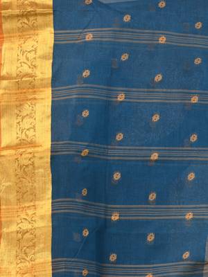 Sapphire blue tant pure cotton saree with rich golden zari border & pallu 4