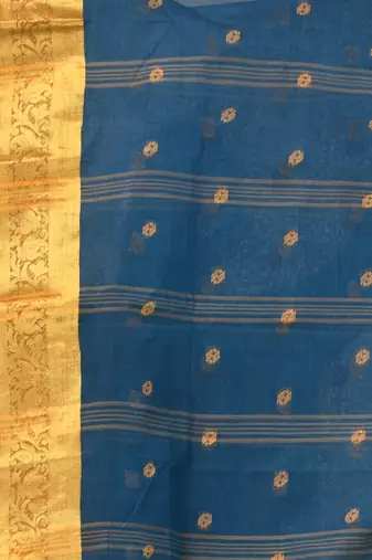 Sapphire blue tant pure cotton saree with rich golden zari border & pallu