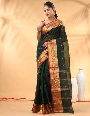 Bottle green tant pure cotton saree with zari border 1