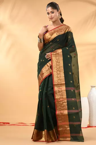 Bottle green tant pure cotton saree with zari border