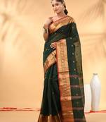 Bottle green tant pure cotton saree with zari border