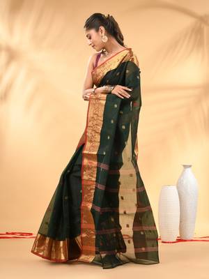 Bottle green tant pure cotton saree with zari border 2