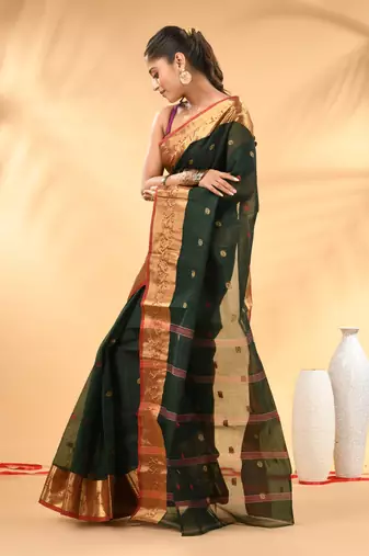 Bottle green tant pure cotton saree with zari border