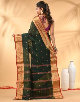 Bottle green tant pure cotton saree with zari border 3