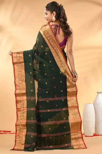Bottle green tant pure cotton saree with zari border