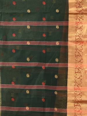 Bottle green tant pure cotton saree with zari border 4