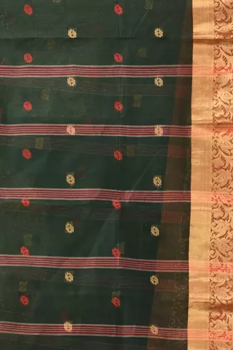 Bottle green tant pure cotton saree with zari border