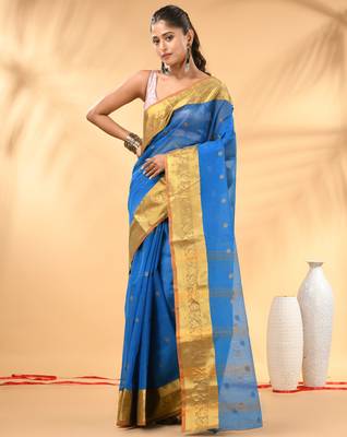 Sky blue tant pure cotton saree with zari border 1