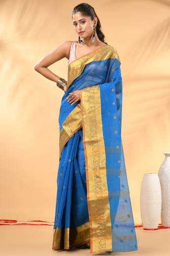 Sky blue tant pure cotton saree with zari border