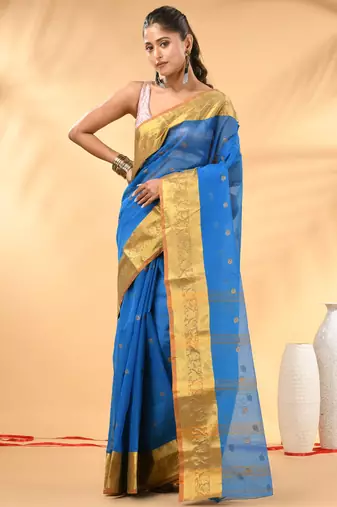 Sky blue tant pure cotton saree with zari border