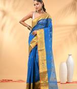 Sky blue tant pure cotton saree with zari border