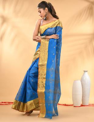 Sky blue tant pure cotton saree with zari border 2